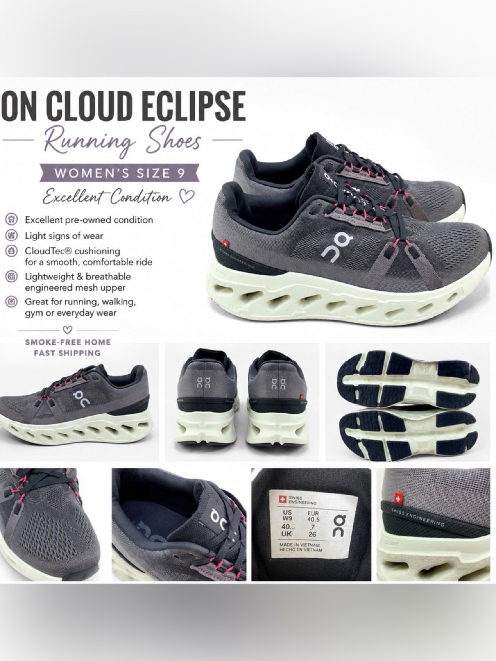 On Running Cloud Eclipse Women’s Running Shoes - Charcoal/Off-White